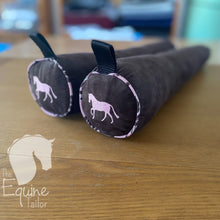 Boot trees/ Boot shapers -Chocolate faux suede with pink/chocolate piping and pink embroidered horse