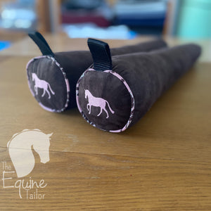 Boot trees/ Boot shapers -Chocolate faux suede with pink/chocolate piping and pink embroidered horse
