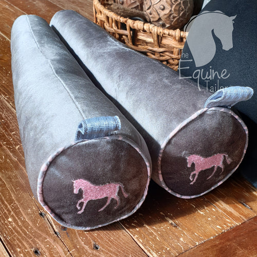 Boot trees/ Boot shapers - Grey velvet with pink and grey piping and pink embroidered horse