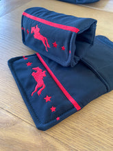 Stirrup Bumpers -  Black soft shell nylon fabric with red showjumper embroidery - Ready to post -  Standard Iron