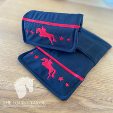 Stirrup Bumpers -  Black soft shell nylon fabric with red showjumper embroidery - Ready to post -  Standard Iron