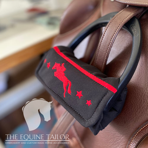 Stirrup Bumpers -  Black soft shell nylon fabric with red showjumper embroidery - Ready to post -  Standard Iron