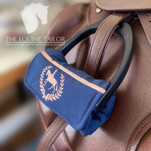 Stirrup Bumpers -  Navy soft shell nylon fabric with Rose gold embroidery - Ready to post -  Standard Iron (Copy)