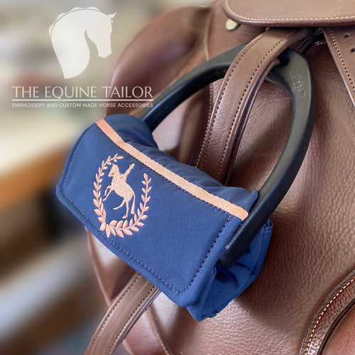 Stirrup Bumpers -  Navy soft shell nylon fabric with Rose gold embroidery - Ready to post -  Standard Iron (Copy)