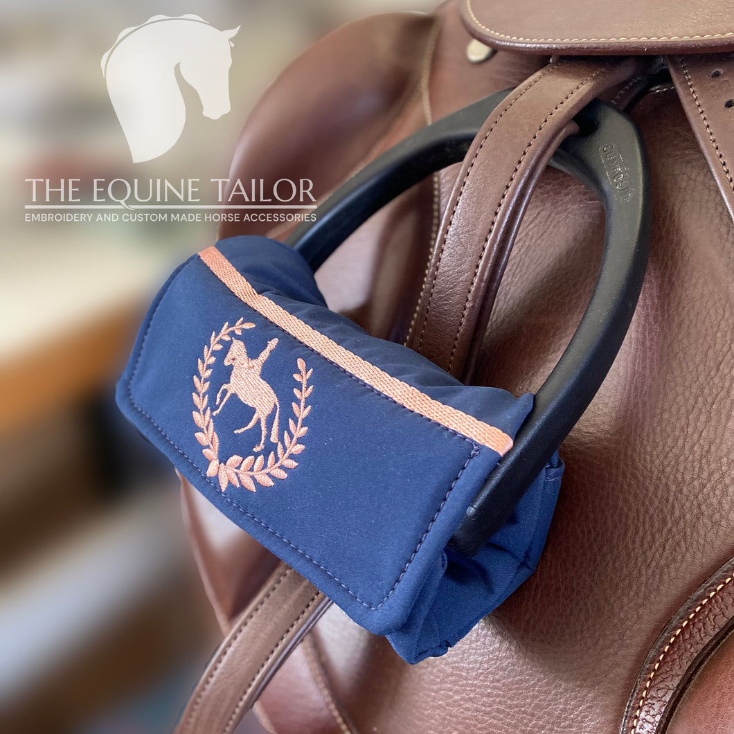 Stirrup Bumpers -  Navy soft shell nylon fabric with Rose gold embroidery - Ready to post -  Standard Iron (Copy)