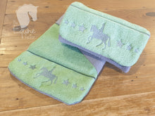 Embroidered Show pony and stars Stirrup Bumpers - Saige green and Grey - Standard iron size -Ready to post