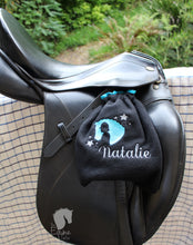 Personalized Embroidered Stirrup Covers - Horse and Rider cutout and name.